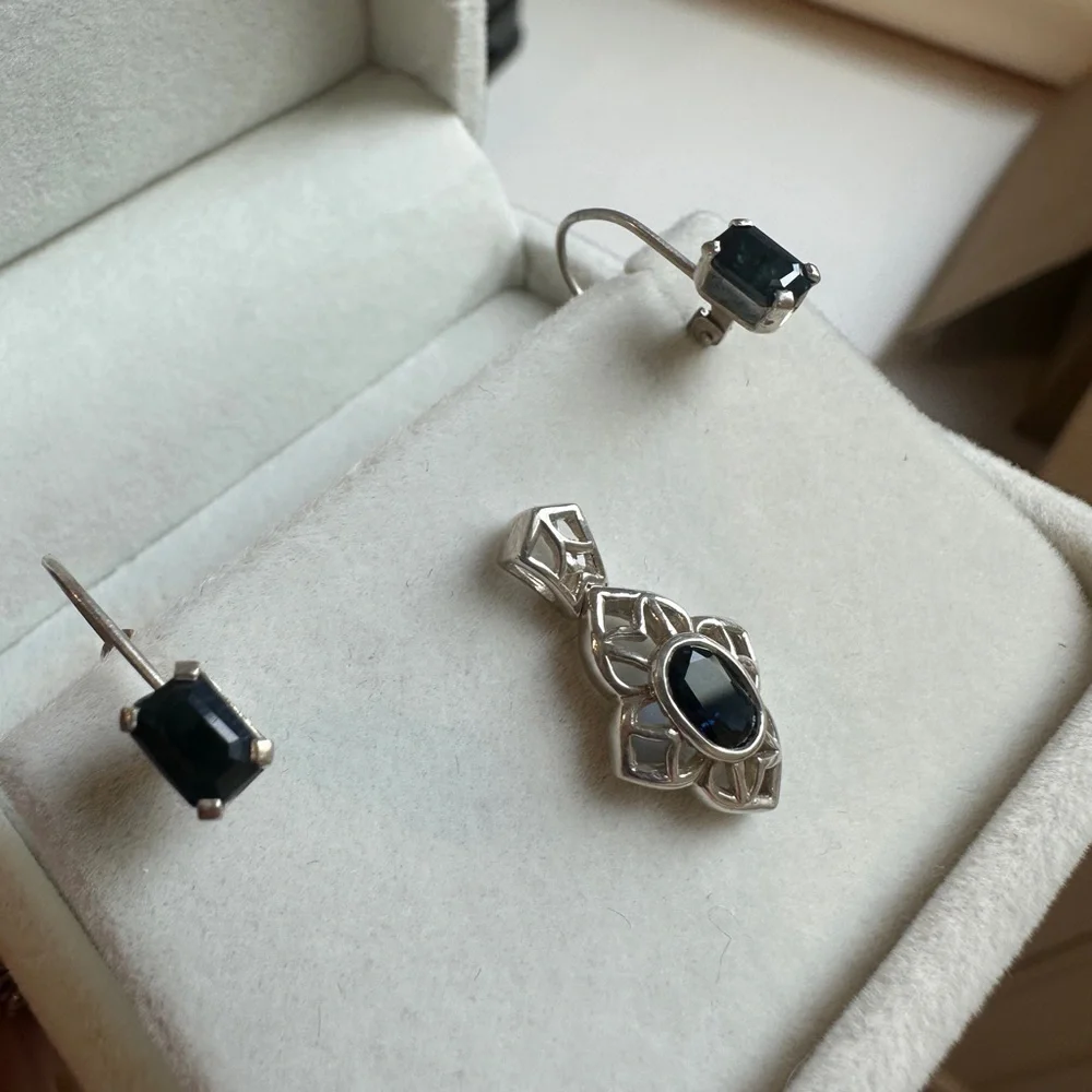 Vintage sterling silver and sapphire art deco pendant and earring set.